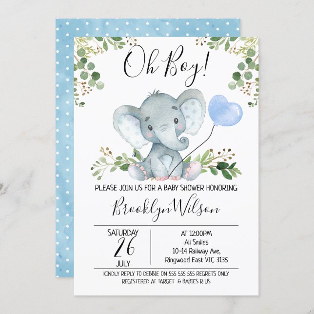 Boy's Elephant Watercolor Baby Shower Invitation (Front/Back)