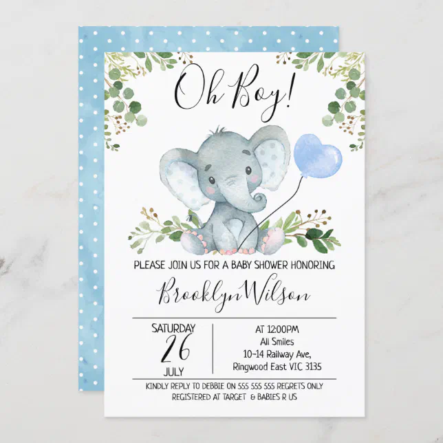 Boy's Elephant Watercolor Baby Shower Invitation | Zazzle