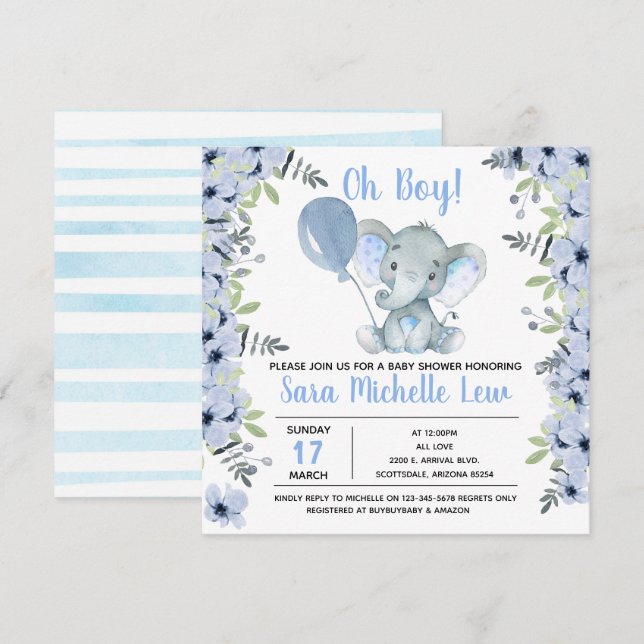 boy's Elephant Watercolor Baby Shower Invitation (Front/Back)