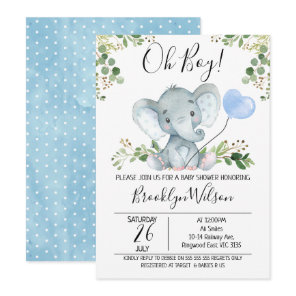 Boy's Elephant Watercolor Baby Shower Invitation