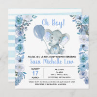 boy's Elephant Watercolor Baby Shower Invitation