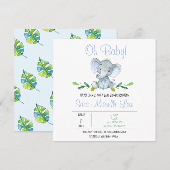 Boy's Elephant Watercolor Baby Shower Invitation (Front/Back)