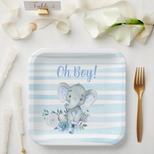 boys Elephant Watercolor Baby Shower plates
