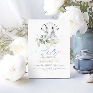 Boy's Elephant Watercolor Greenery Baby Shower Foil Invitation