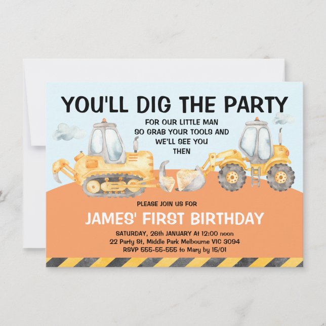Boys Excavator First Birthday Party Invitation (Front)