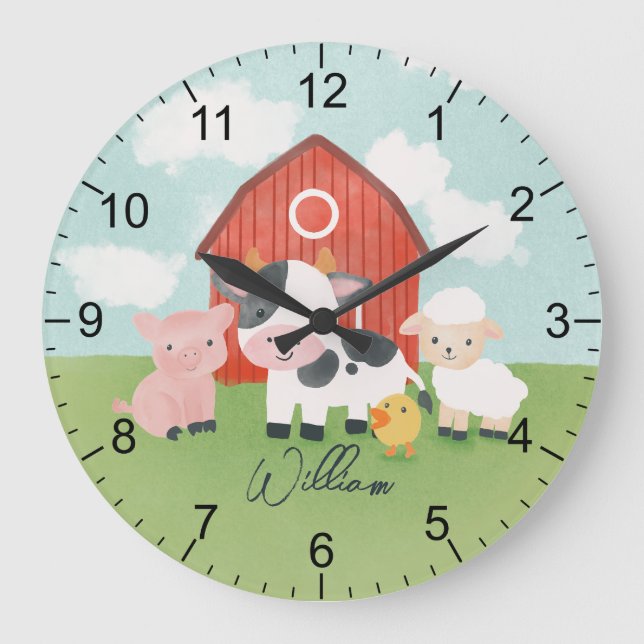 Boys Farm Animal Barnyard Kids Nursery Large Clock (Front)
