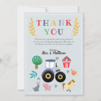 Boys Farm Animals & Blue Tractor Baby Shower  Thank You Card