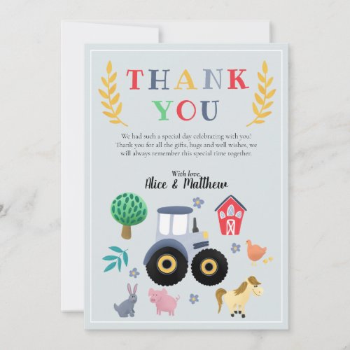 Boys Farm Animals  Blue Tractor Baby Shower  Thank You Card