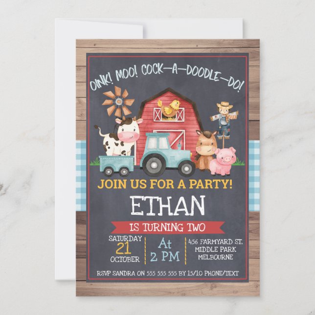 Boys farm Animals Chalkboard Birthday Invitation (Front)