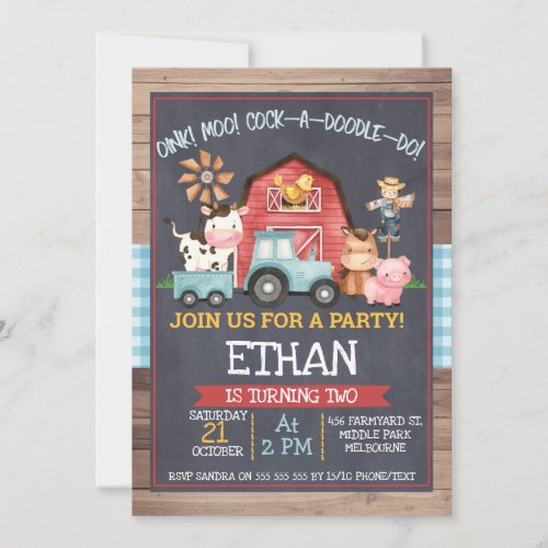 Boys farm Animals Chalkboard Birthday Invitation