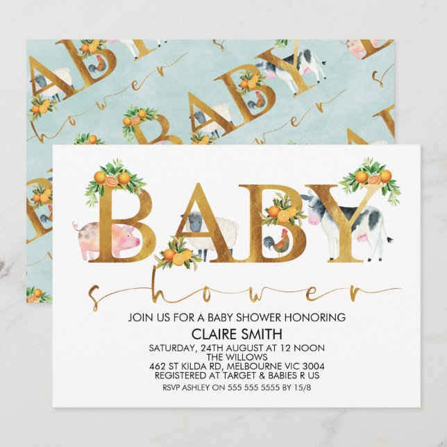 Boys Farm Animals Word Baby Shower Invitation (Front/Back)