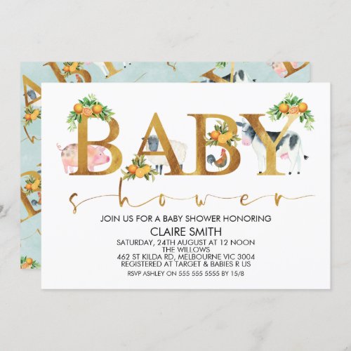 Boys Farm Animals Word Baby Shower Invitation