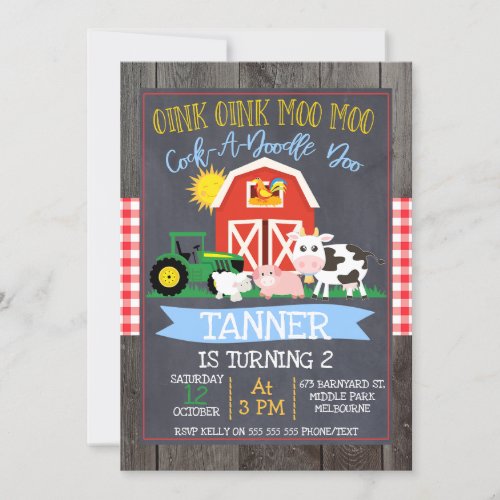 Boys Farm Barnyard Chalkboard Birthday Invitation