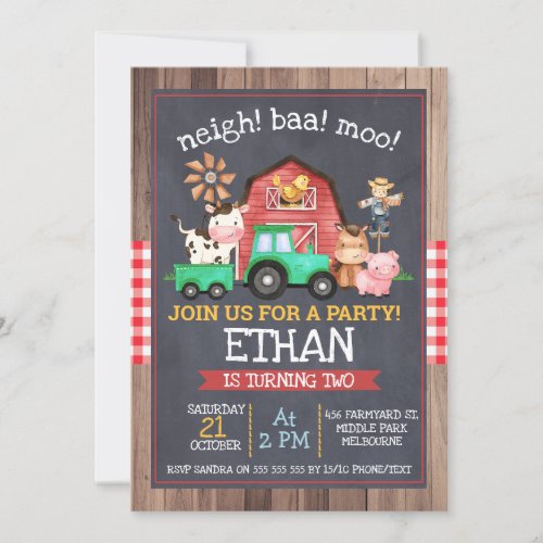 Boys Farm Green Tractor Chalkboard Birthday Invitation