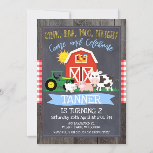 Boys Farm Tractor Chalkboard Birthday Invitation