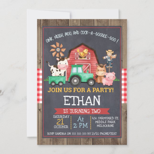 Boys farm Tractor Chalkboard Birthday Invitation (Front)