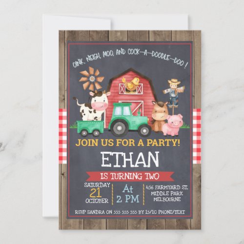 Boys farm Tractor Chalkboard Birthday Invitation