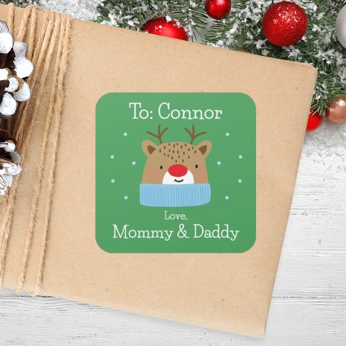 Boys Festive Red  Green Reindeer Custom Christmas Square Sticker