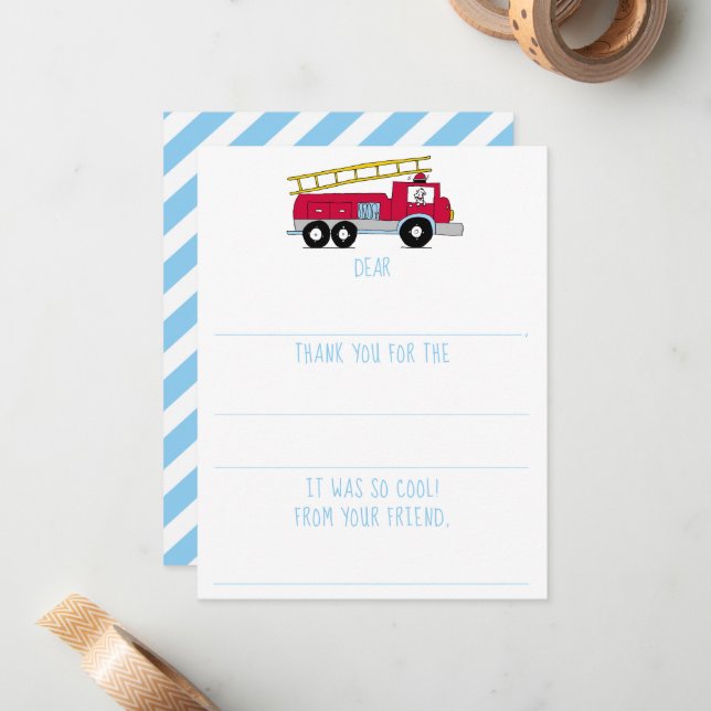 Boys Fill-In Fire Truck Birthday Thank You  Note Card (Front/Back In Situ)