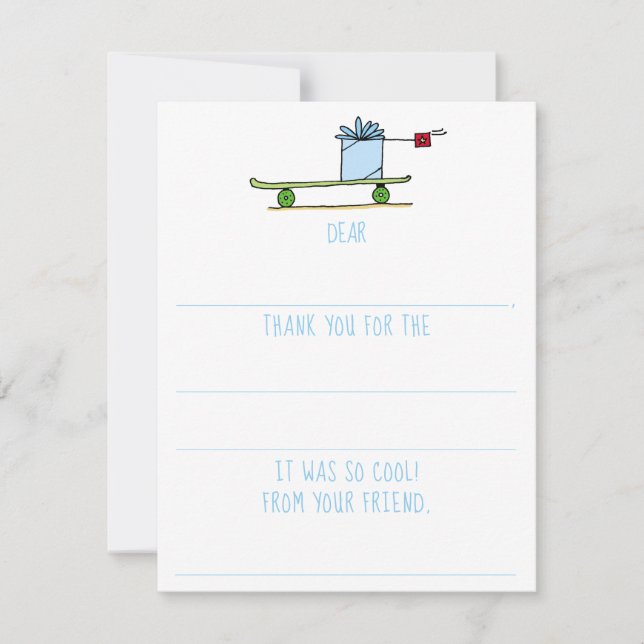 Boys Fill-In Skateboard Birthday Thank You Note Card (Front)