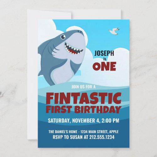 Boys Fintastic First Birthday Shark Invitation