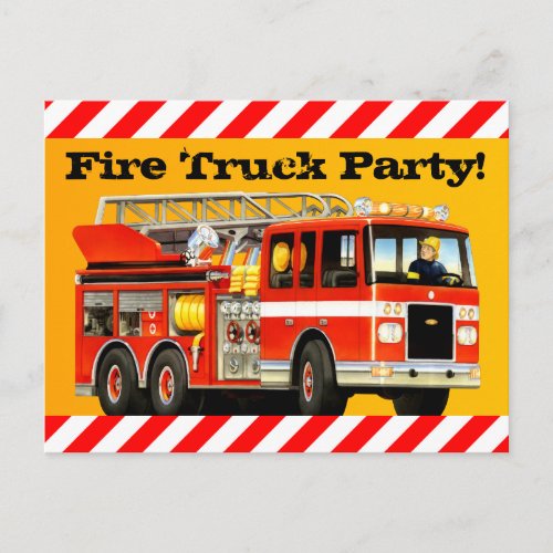 Boys Fire Truck Party Invitation Postcard