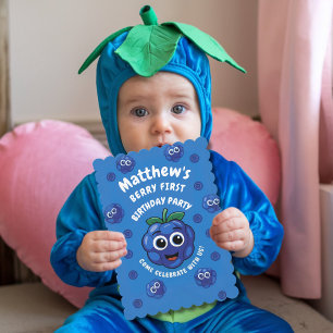 Boy's first birthday bluberry 1st baby invitation
