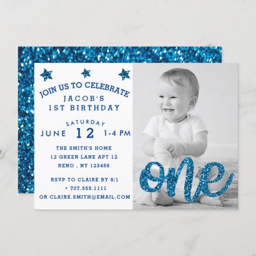 Boys First Birthday Blue Glitter Photo Invitation