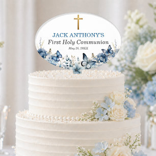Boy's First Communion Gold Cross Blue Floral Cake Topper