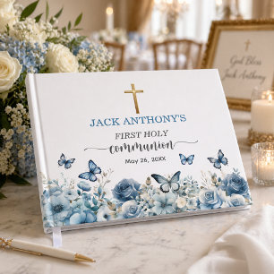 Boy's First Communion Gold Cross Blue Floral Guest Book