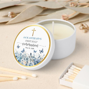 Boy's First Communion Gold Cross Blue Floral Mini Candle Favors