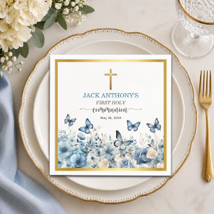 Boy's First Communion Gold Cross Blue Floral Napkins