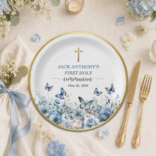 Boy's First Communion Gold Cross Blue Floral Paper Plates