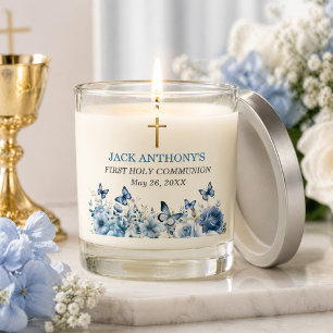 Boy's First Communion Gold Cross Blue Floral Scented Candle