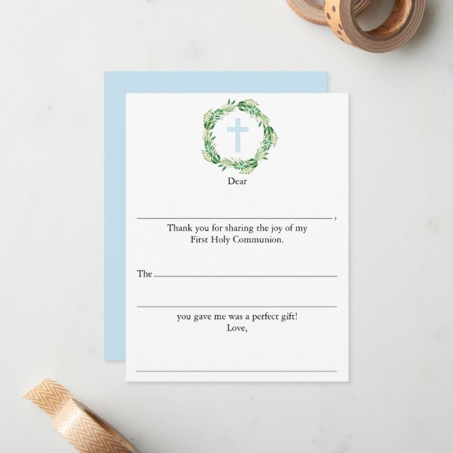 Boys First Holy Communion Fill In Thank You Note Card (Front/Back In Situ)