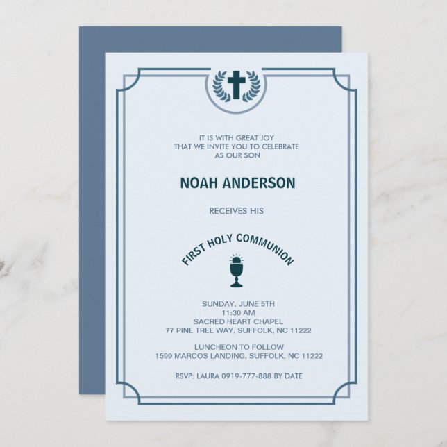 Boy's First Holy Communion Invitation Blue (Front/Back)