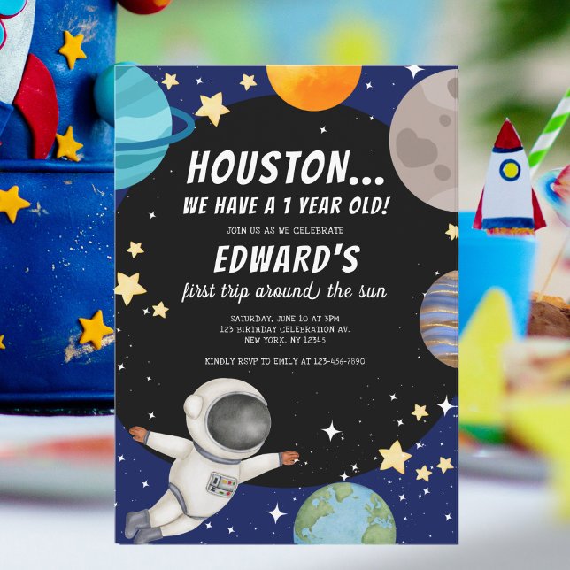 Boy's First Trip Around The Sun 1st Birthday Space Invitation (Creator Uploaded)