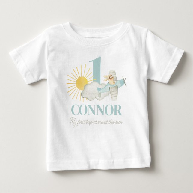 Boys First Trip Around the Sun Plane 1st Birthday Baby T-Shirt (Front)