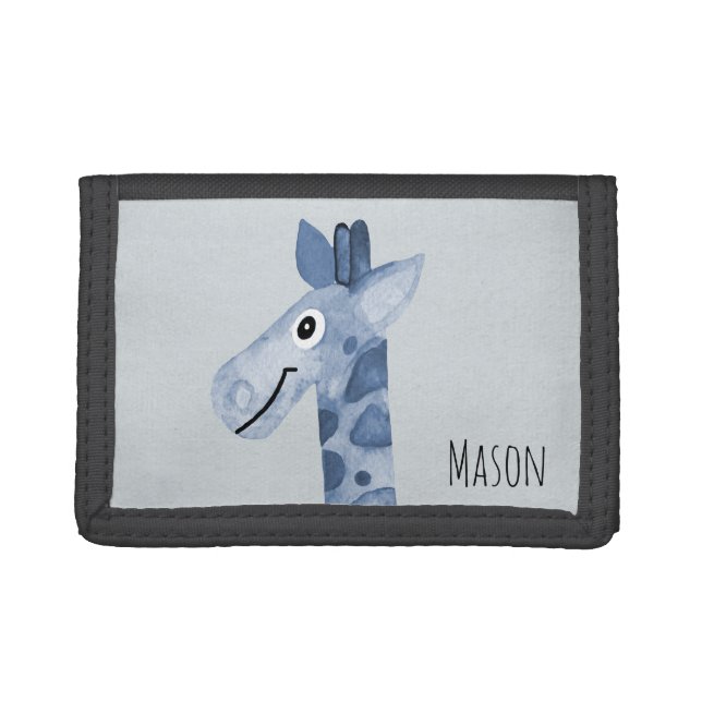 Boy's First Wallet Blue Giraffe with Name (Front)