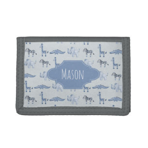Boy's First Wallet Blue Safari Pattern with Name