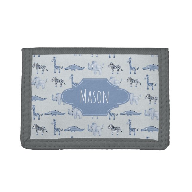 Boy's First Wallet Blue Safari Pattern with Name (Front)