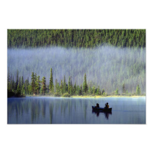 Boys fishing from canoe with mist in photo print
