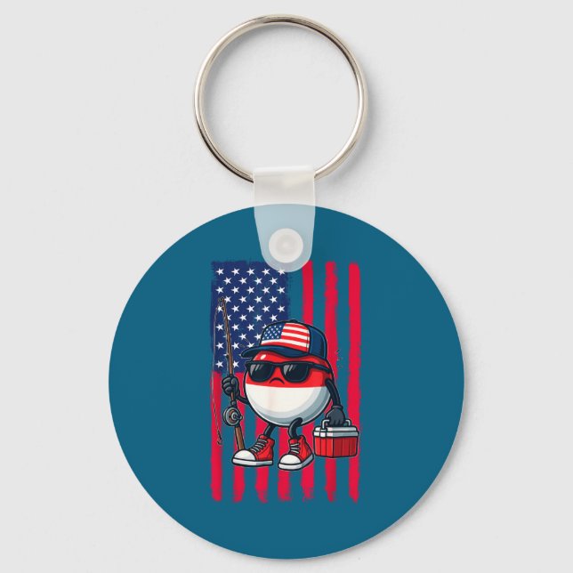Boys Fishing Rod American Flag Patriotic Fishing F Keychain (Front)