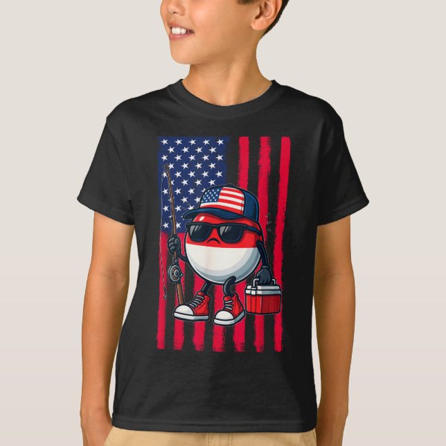 Boys Fishing Rod American Flag Patriotic Fishing F T-Shirt (Front)