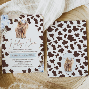 Boys Floral Boho Holy Cow Highland Cow Baby Shower Invitation