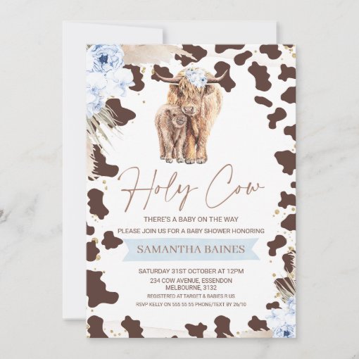 Boys Floral Boho Holy Cow Highland Cow Baby Shower Invitation | Zazzle