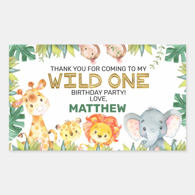 Boys Foliage Wild One Safari Animals Birthday Rectangular Sticker (Front)