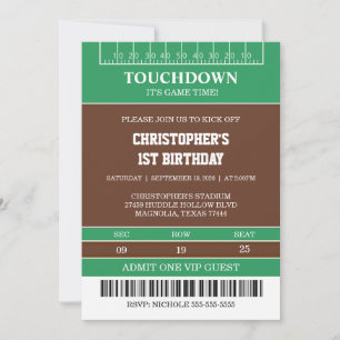 Boys Football First Year Down 1st Birthday Party Invitation