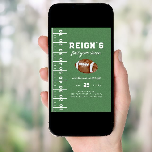 Boy's Football First Year Down 1st Birthday Party Invitation (Front Digital)