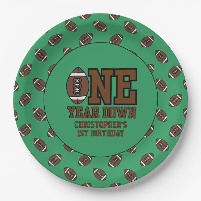 Boys Football First Year Down 1st Birthday Party Paper Plates (Front)